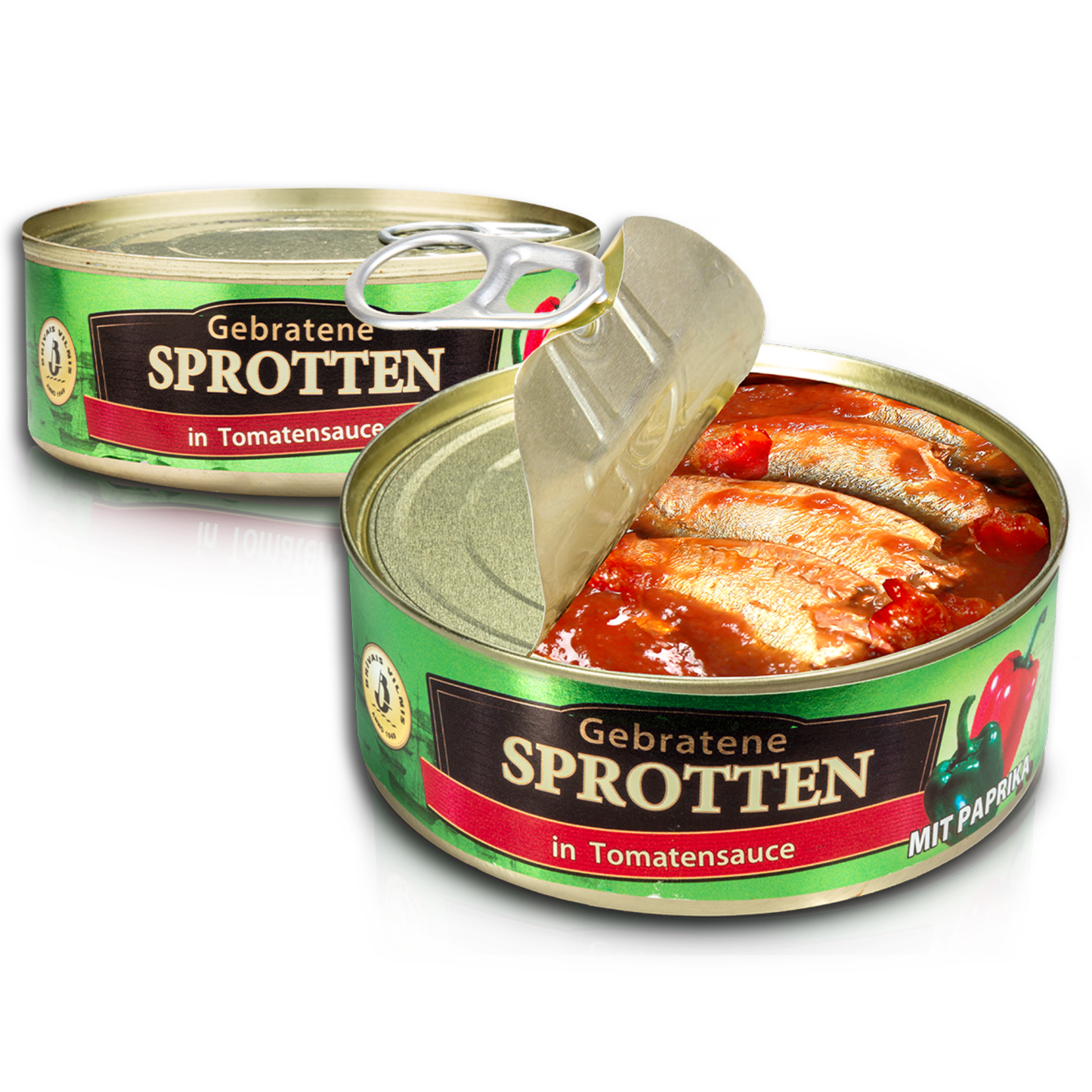 Gebratene Sprotten in Tomatensoße mit Paprika, 240g (Fischauswaage: 168g)
