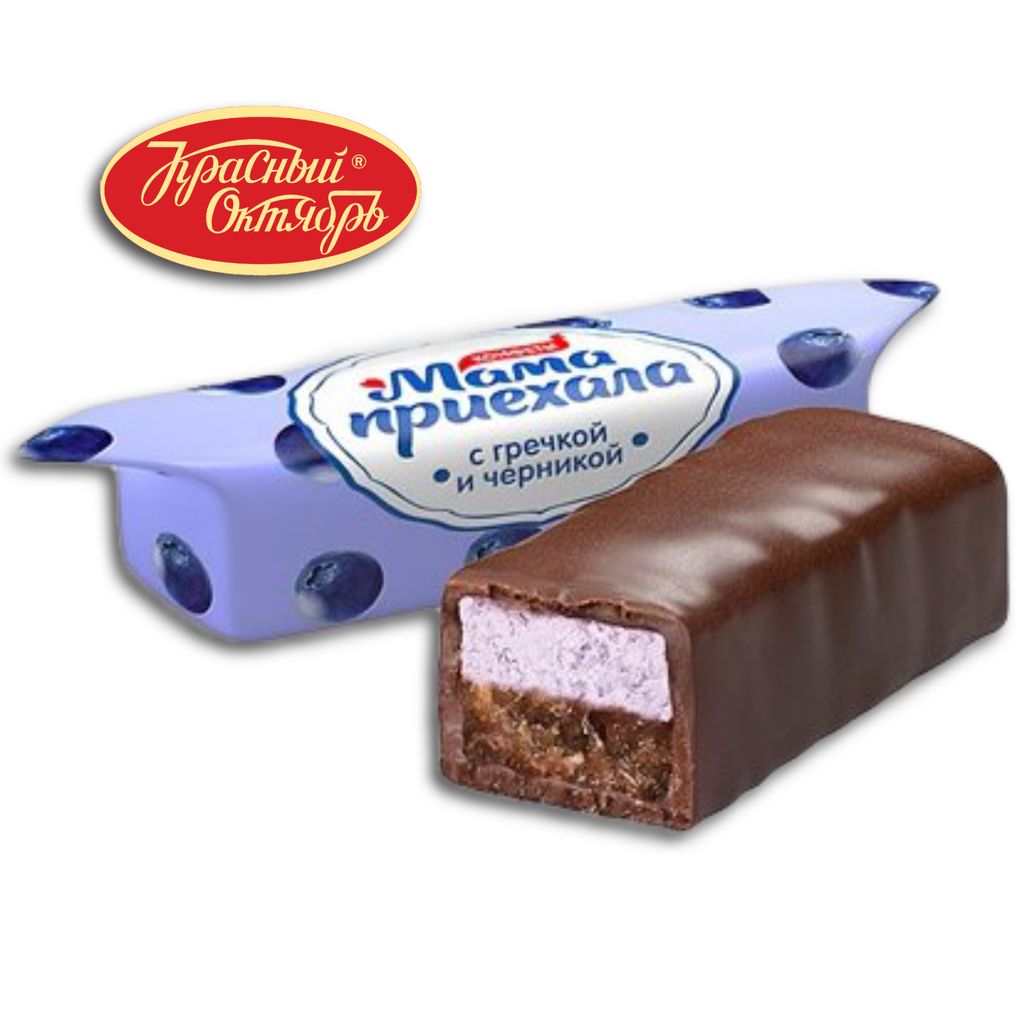 Krasnyj Oktjabrj Konfekt "Mama Prijehala", mit Heidelbeergeschmackfüllung, in kakaohaltiger Glasur 200g