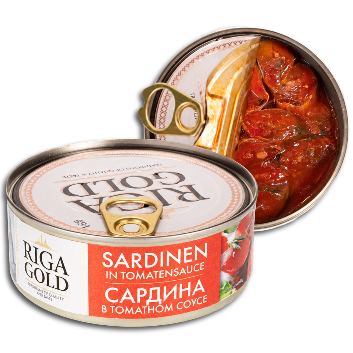 Riga Gold Sardinen ausgenommen, mit Haut, mit Gräten, in Stücken geschnitten, in Tomatensoße, 240g (Fischauswaage: 156g)