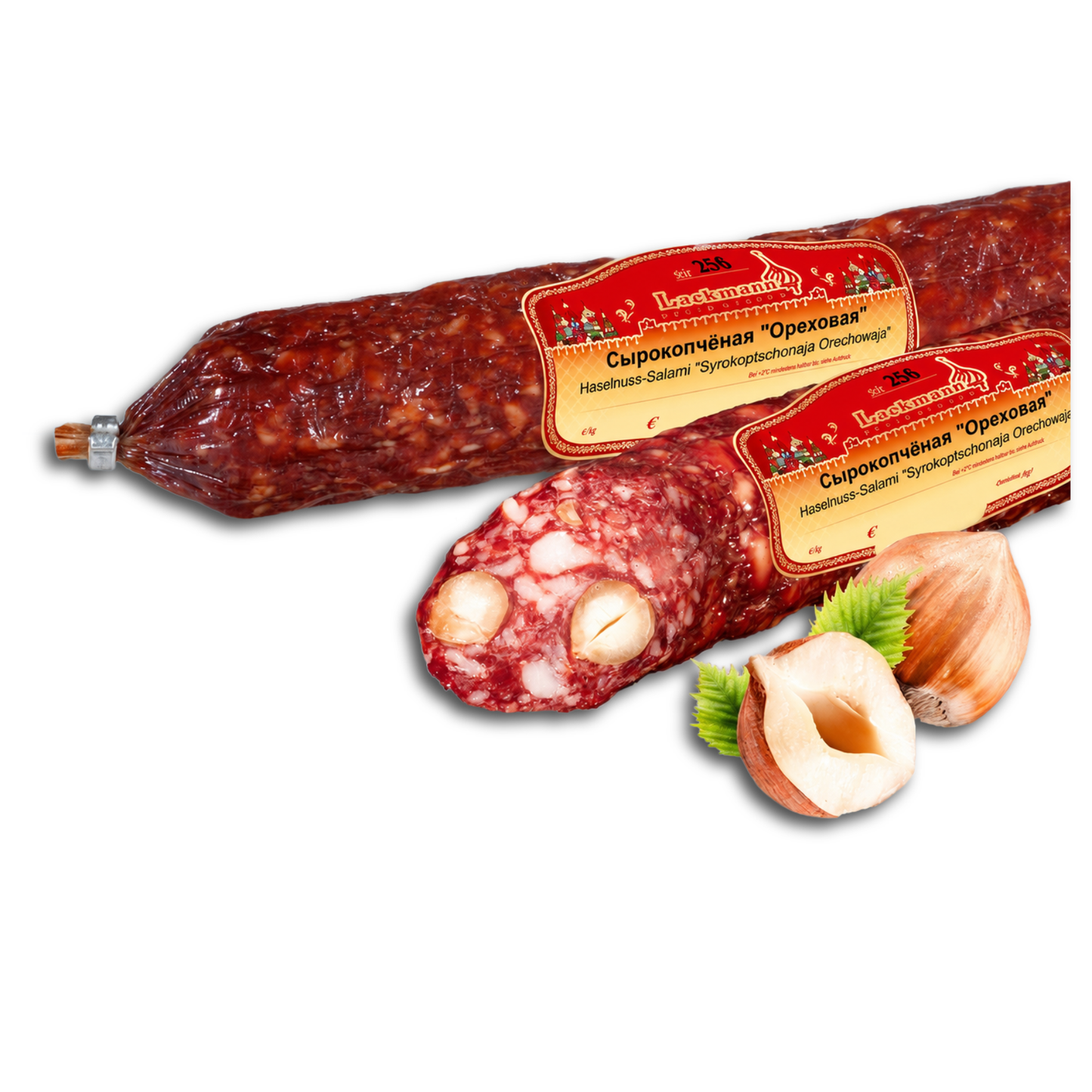 Haselnuss-Salami "Syrokoptschonaja Orechowaja", aus Schweine- und Rindfleisch, gereift 250g