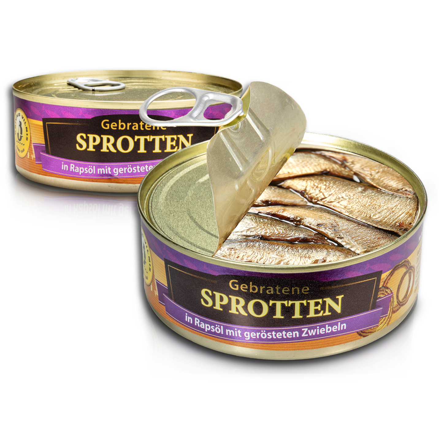 Gebratene Sprotten in Rapsöl mit gerösteten Zwiebeln, 230g (Fischauswaage: 161g)