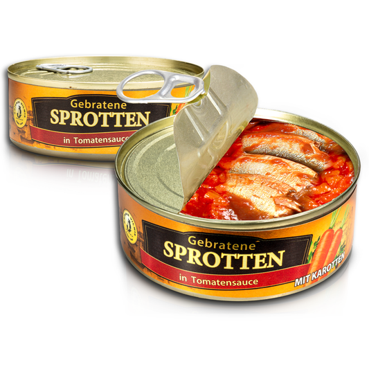 Gebratene Sprotten in Tomatensoße mit Karotten, 240g (Fischauswaage: 168g)