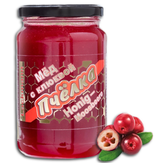 Geschlagener Blütenhonig mit geriebenen Preiselbeeren 460g