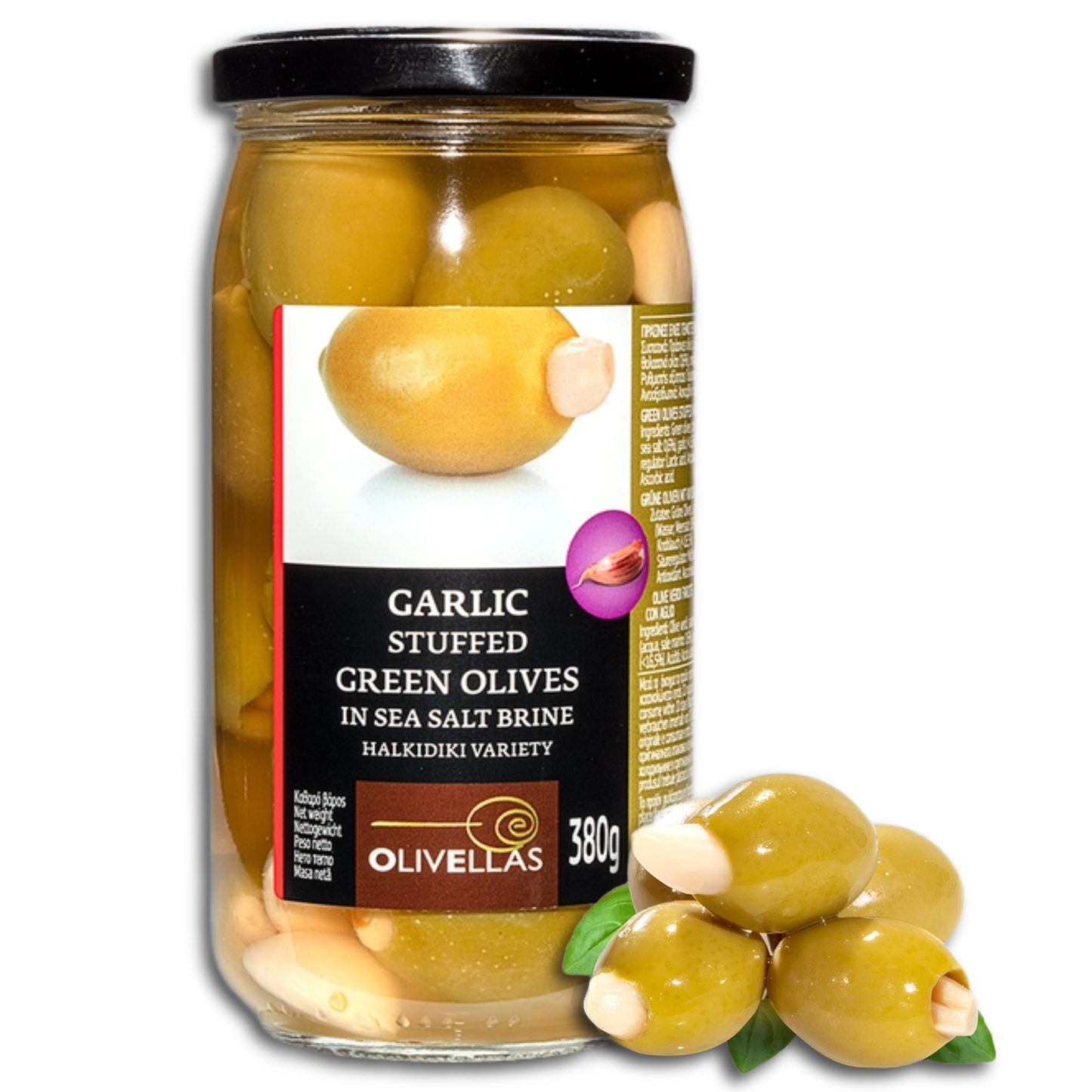 Grüne Chalkidiki Oliven, gefüllt mit Knoblauch, Sorte "Mammut (90/100)" in Meersalz Lake 380g (ATG 180g)