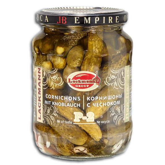 Lackmann Eingelegte Cornichons P-2, mit Knoblauch, 680g, ATG 360g