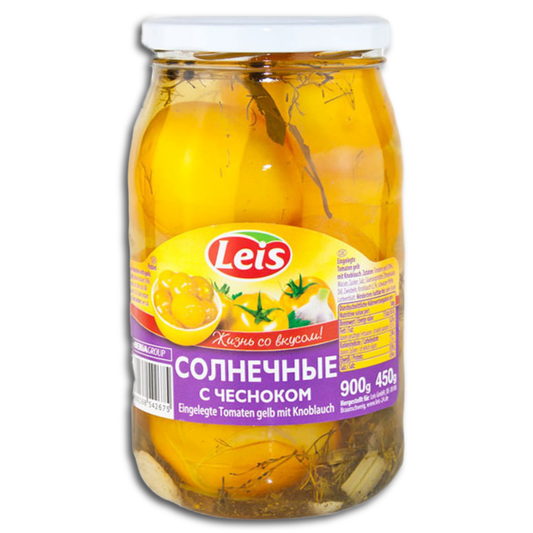 Leis eingelegte gelbe Tomaten "Solnetschnije" Slivka mit Knoblauch 880g, ATG 440g