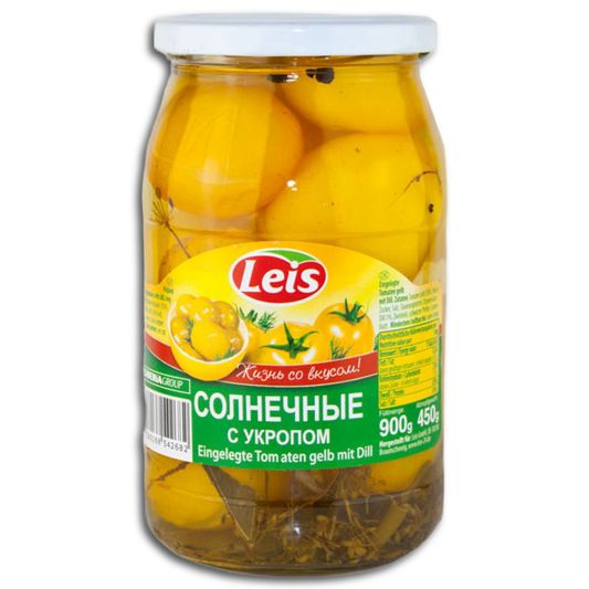 Leis eingelegte gelbe Tomaten "Solnetschnije" Slivka mit Dill, 880g, ATG 440g