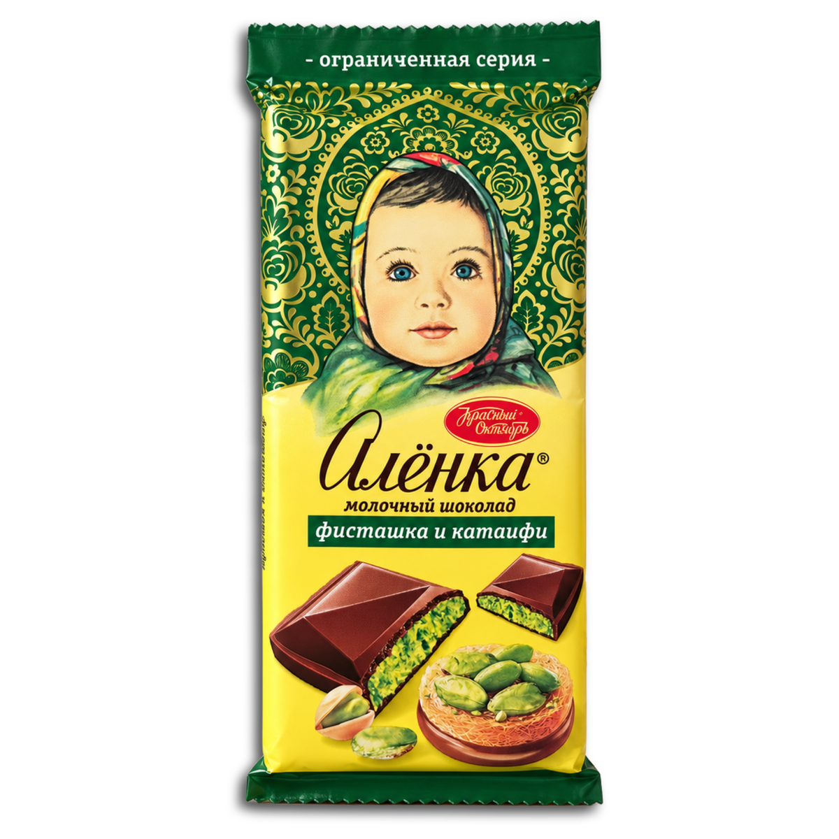 Milchschokolade „Aljonka“ mit Pistazienfüllung und Kataifi 87g