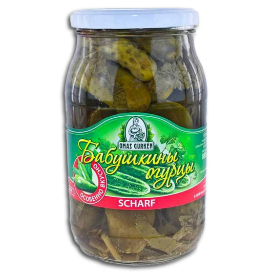 Omas Gurken, Eingelegte Gurken scharf, Gewürzgurken, 850g, ATG 440g