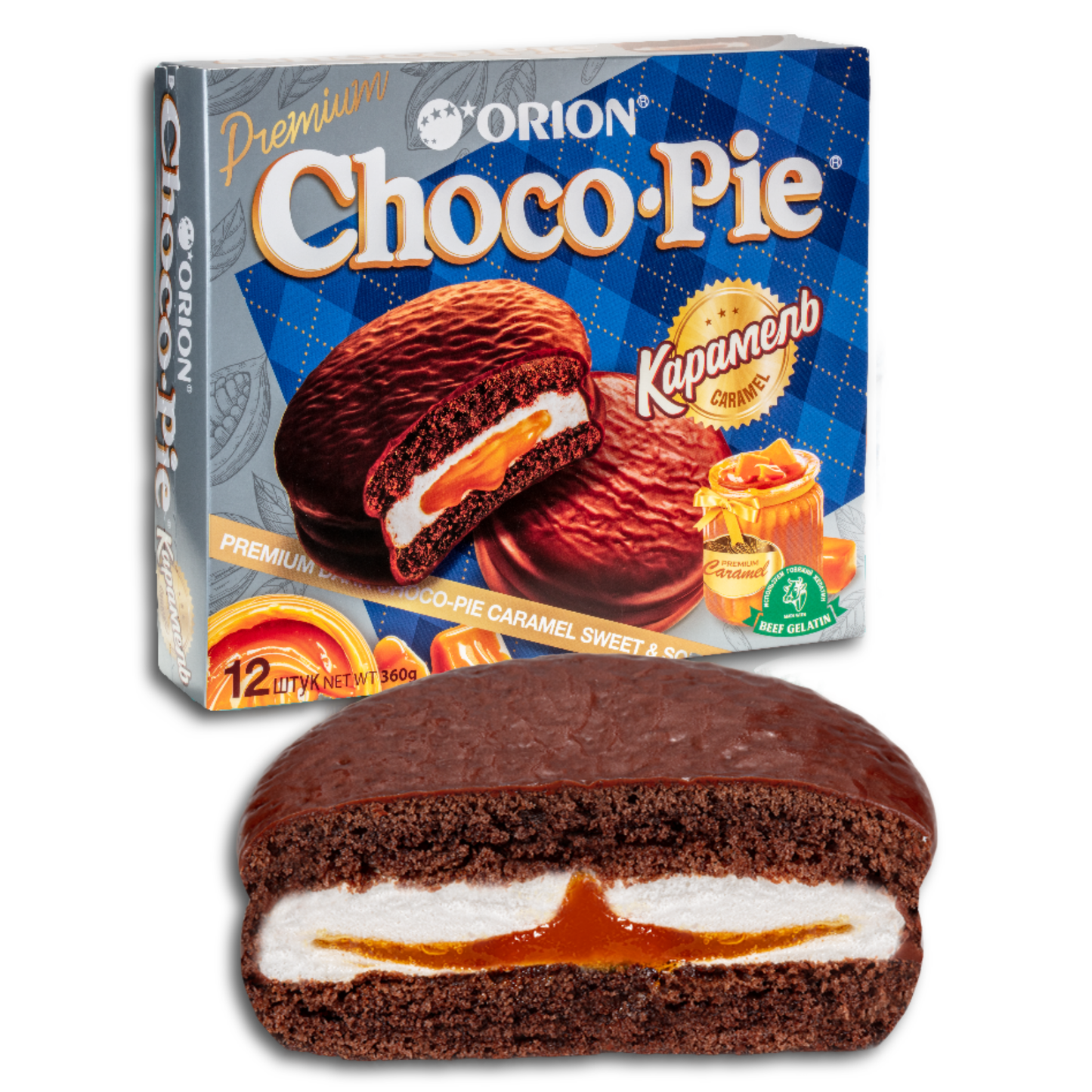 Orion Gebäck "Choco Pie Dark Caramel", mit dunkler Schokolade 12er Pack, 360g