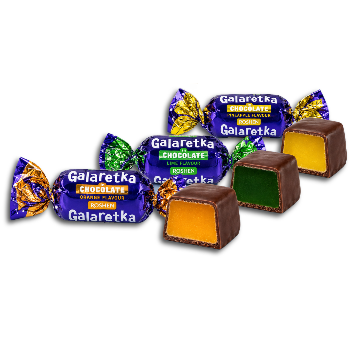 Roshen Mischung aus Fruchtgummis mit Ananas-, Orangen- und Limettengeschmack in Kakaohaltigerglasur 200g